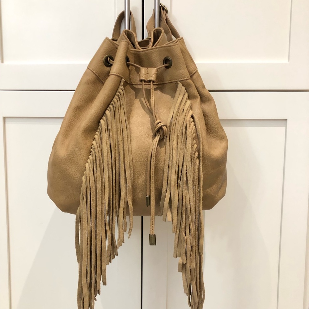 Steve Madden Bteagan Fringe Black Pvc Backpack/ shoulder bag in camel